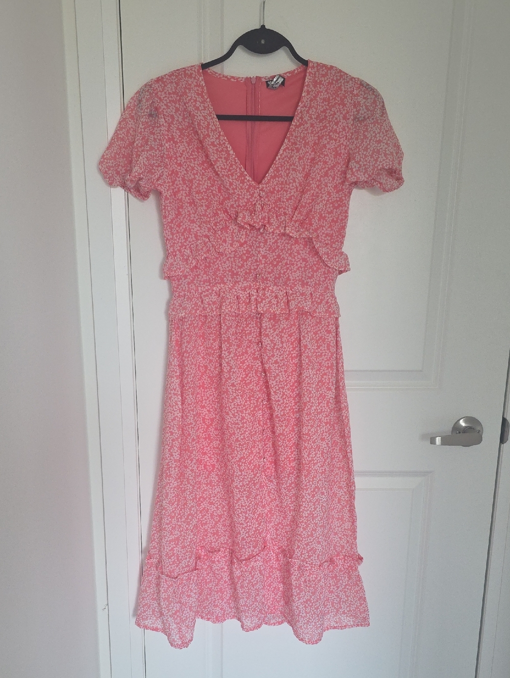 ASOS Pink Floral V-Neck Midi Dress with Puff Sleeves